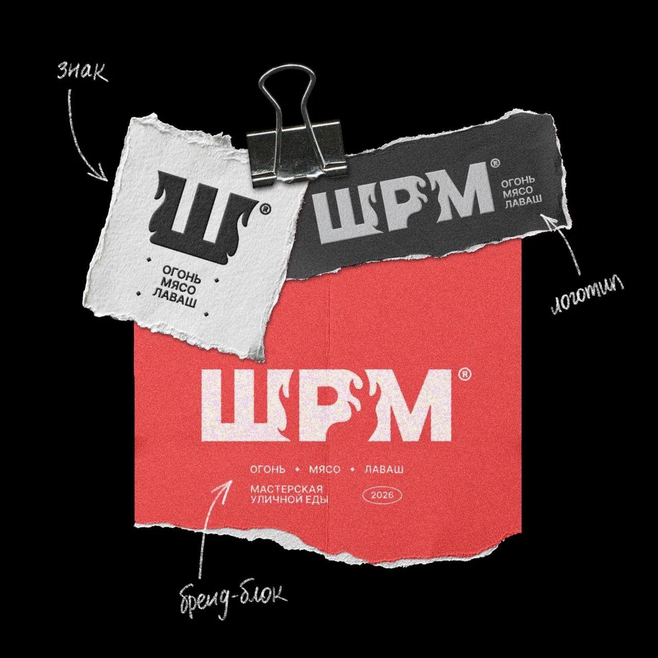 Бренд-блок: знак, логотип и дескриптор «огонь, мясо, лаваш»